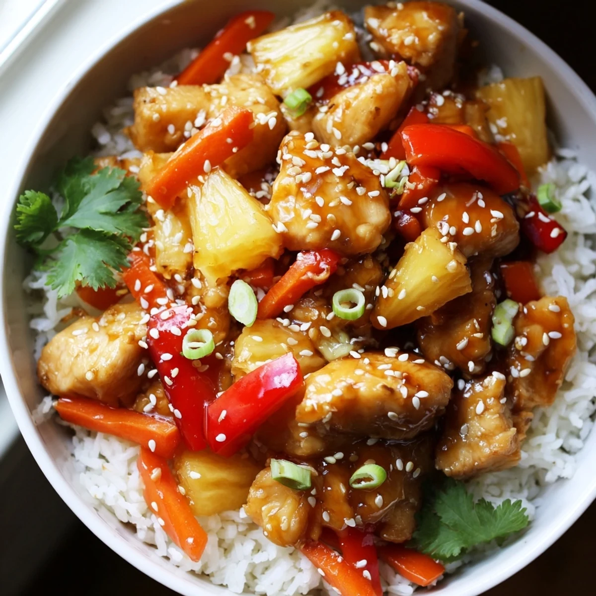 Juicy pineapple chicken rice bowl topped with sesame seeds and fresh cilantro