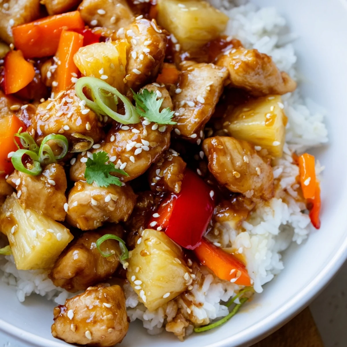 Golden stir-fried pineapple chicken rice bowl with colorful bell peppers and carrots