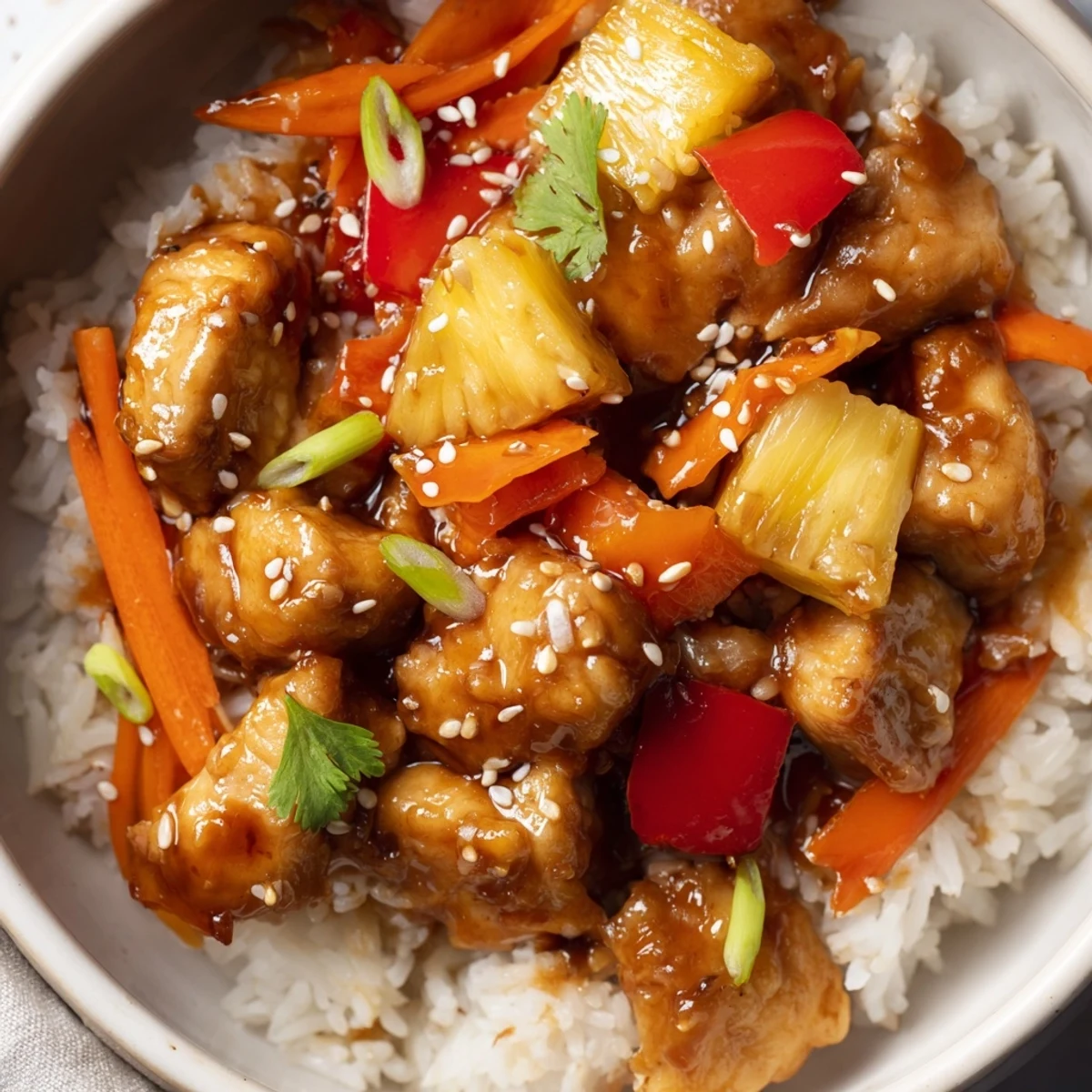 Sweet and tangy pineapple chicken rice bowl served over steamed jasmine rice