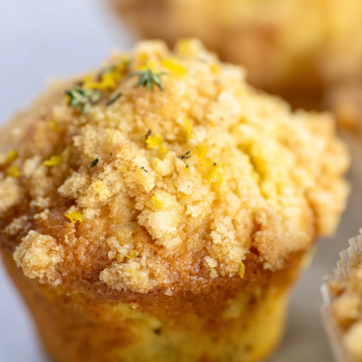 Golden lemon orange honey muffins with thyme crumble cooling on a wire rack