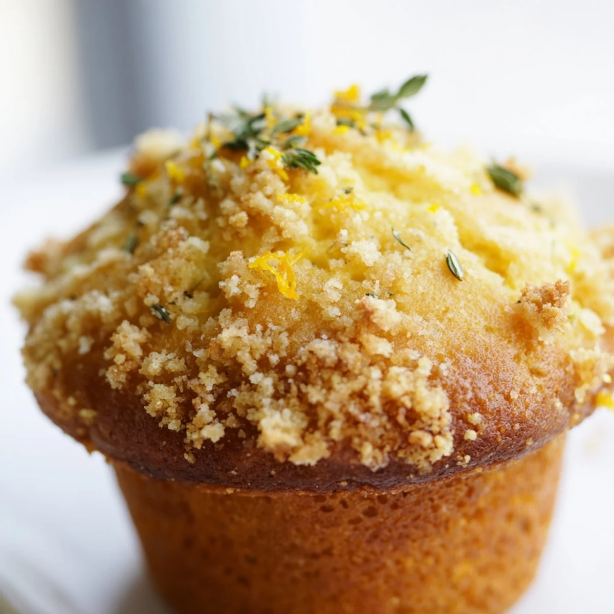 Warm lemon orange honey muffins with crispy thyme crumble served on a rustic plate