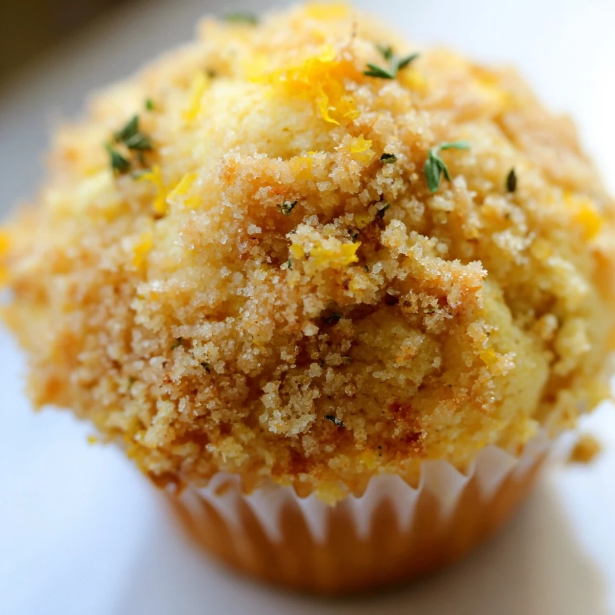 Moist lemon orange honey muffins topped with golden herb-flecked thyme crumble close-up