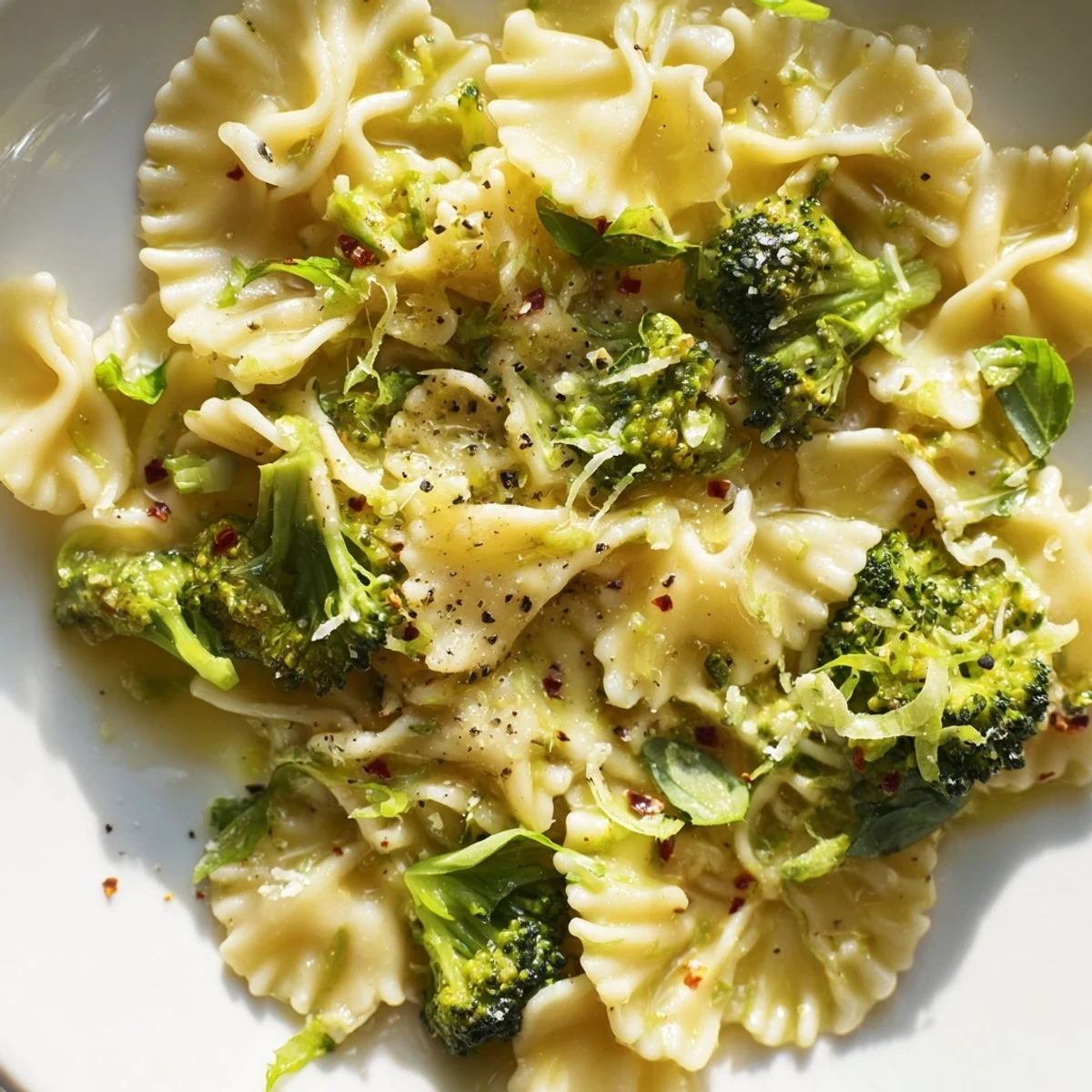 Steaming plate of mafaldine limone broccoli pasta topped with grated Parmigiano-Reggiano and cracked black pepper