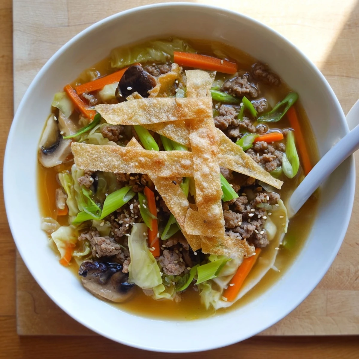 Steaming bowl of savory Asian beef egg roll soup topped with crispy wonton strips and fresh green onions