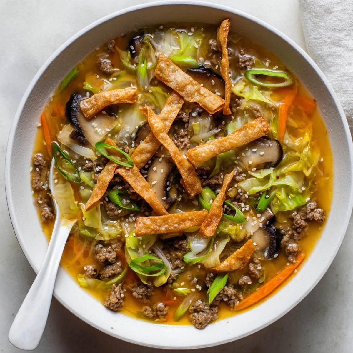 Rustic Dutch oven filled with fragrant Asian beef egg roll soup featuring tender ground beef and crisp vegetables