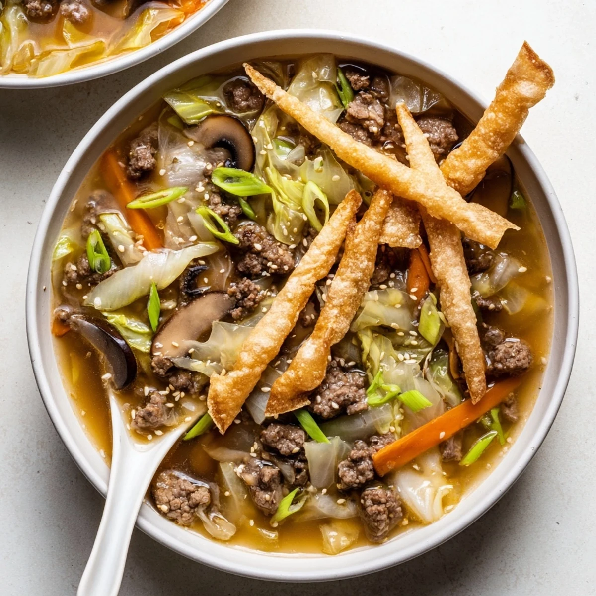 Golden brown ground beef simmers with colorful cabbage and carrots in a rich Asian beef egg roll soup broth