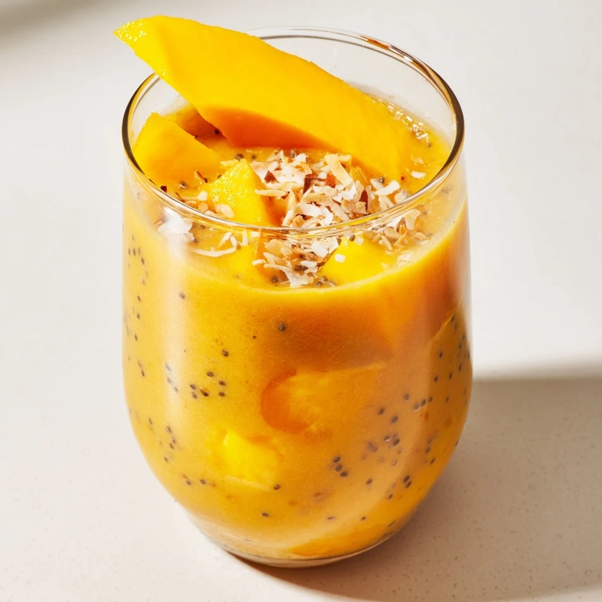 Vibrant tropical sunrise protein smoothie in tall glasses topped with fresh fruit garnish