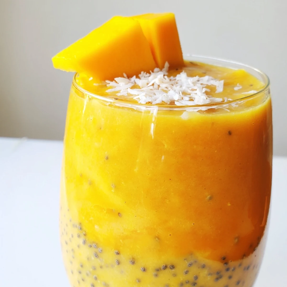 Creamy mango pineapple protein smoothie blended with coconut milk and orange juice