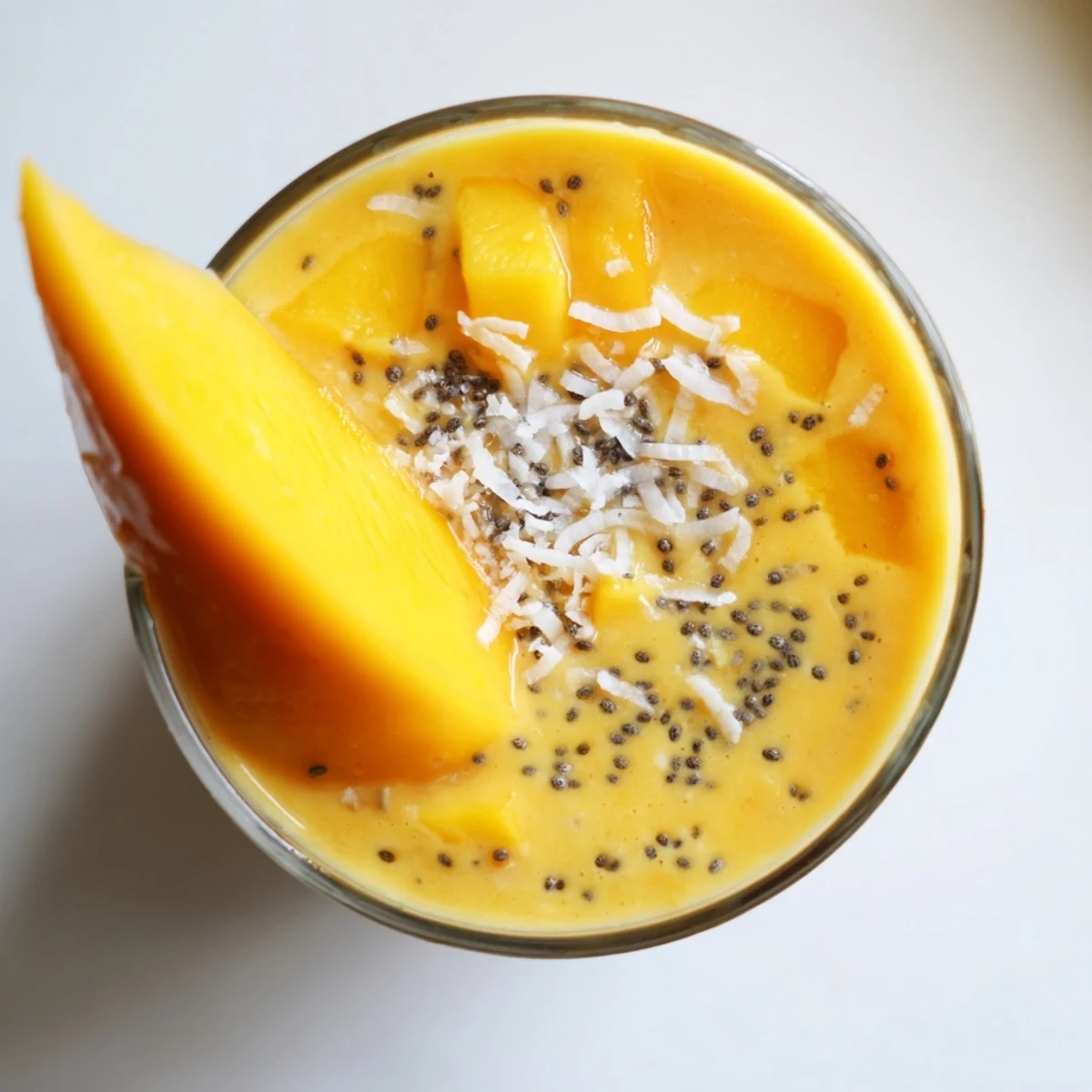 Golden layered smoothie bowl with banana mango and vanilla protein powder swirl