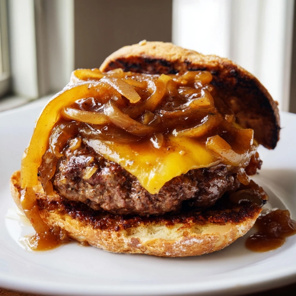 Juicy smothered hamburger steak sandwich dripping with rich, golden onion gravy on a toasted bun