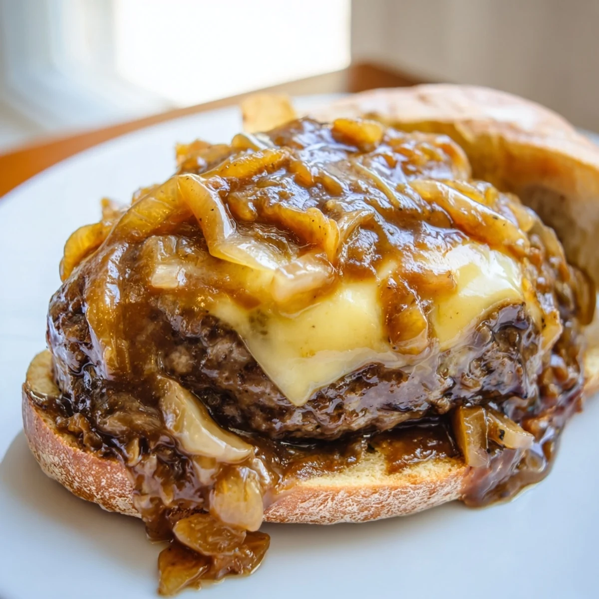 Smothered hamburger steak sandwiches with caramelized onion gravy served on warm, crusty hoagie rolls