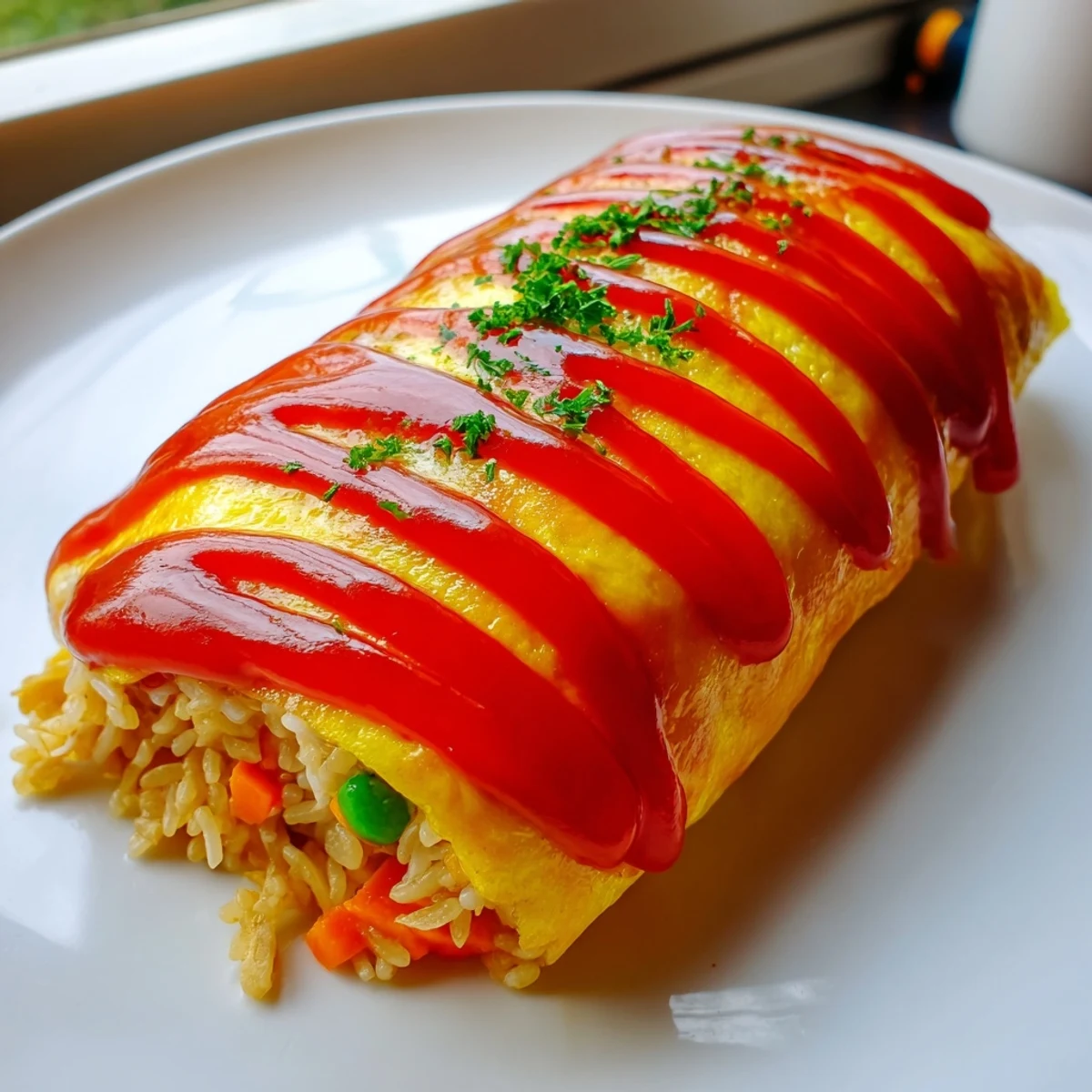 Golden omurice with ketchup drizzle over fluffy fried rice wrapped in a tender omelette