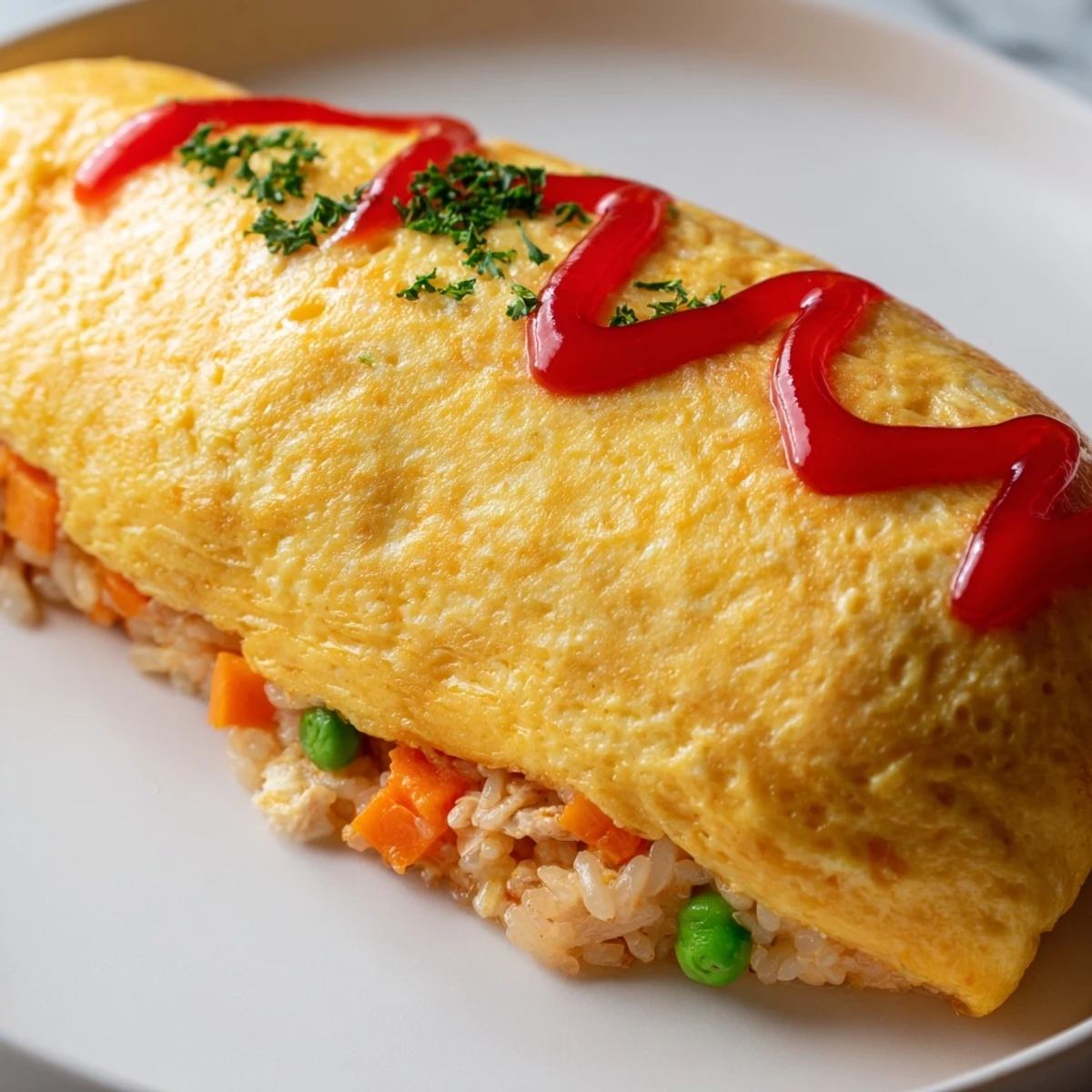 Steaming plate of omurice featuring savory chicken fried rice inside a soft silky egg blanket