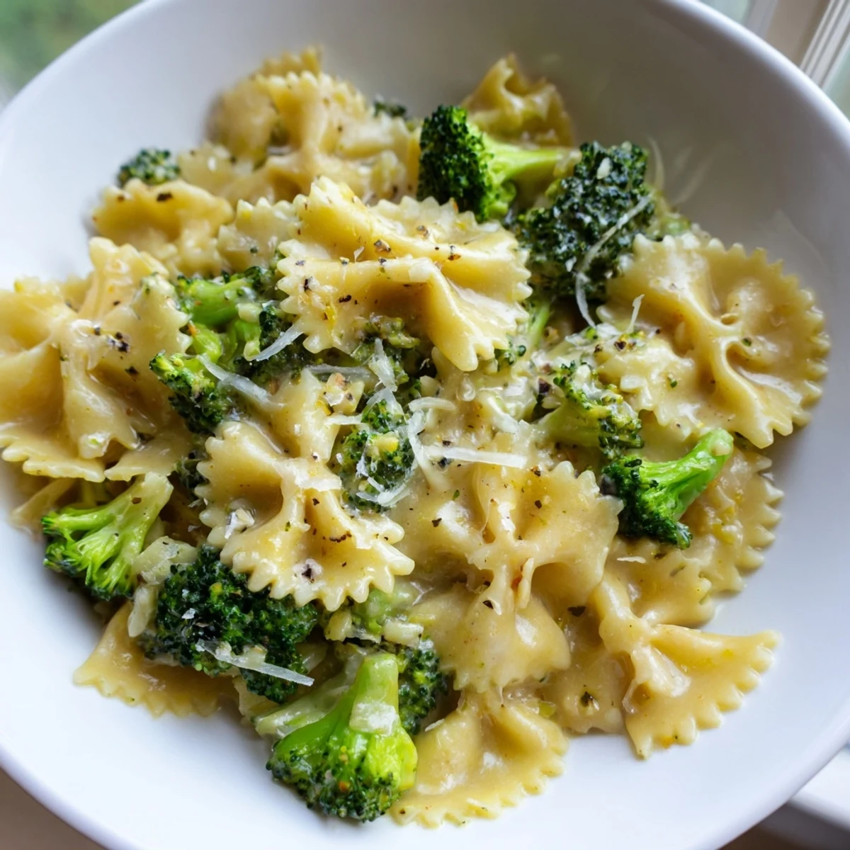 Ribbon-shaped mafaldine pasta limone broccoli finished with fresh basil and grated Parmesan