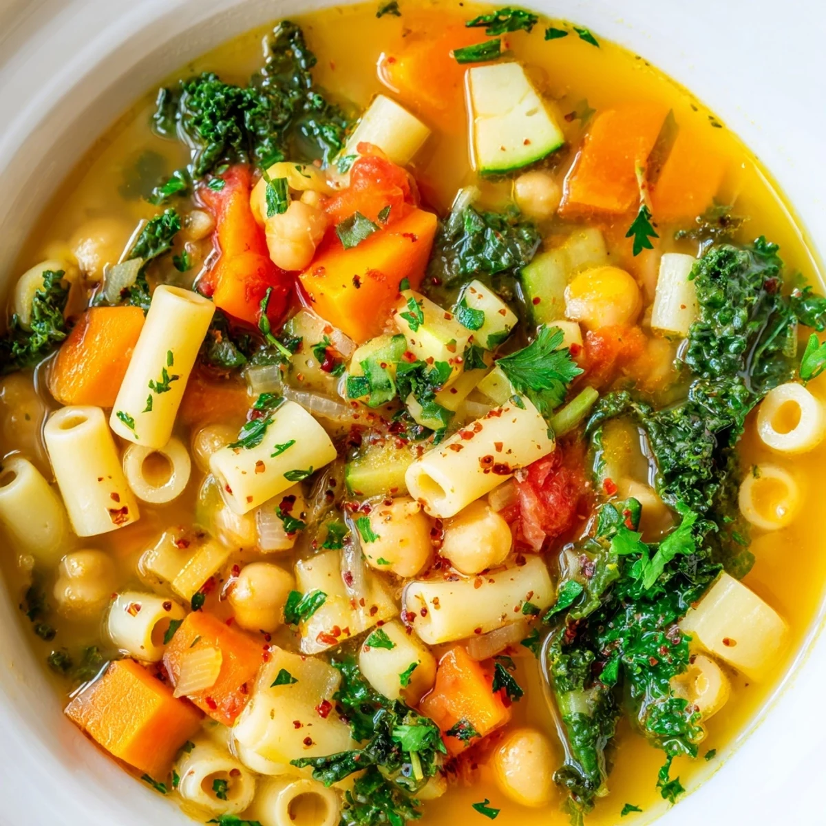 Steaming bowl of Vegan Italian Penicillin Soup with colorful diced vegetables and tender pasta