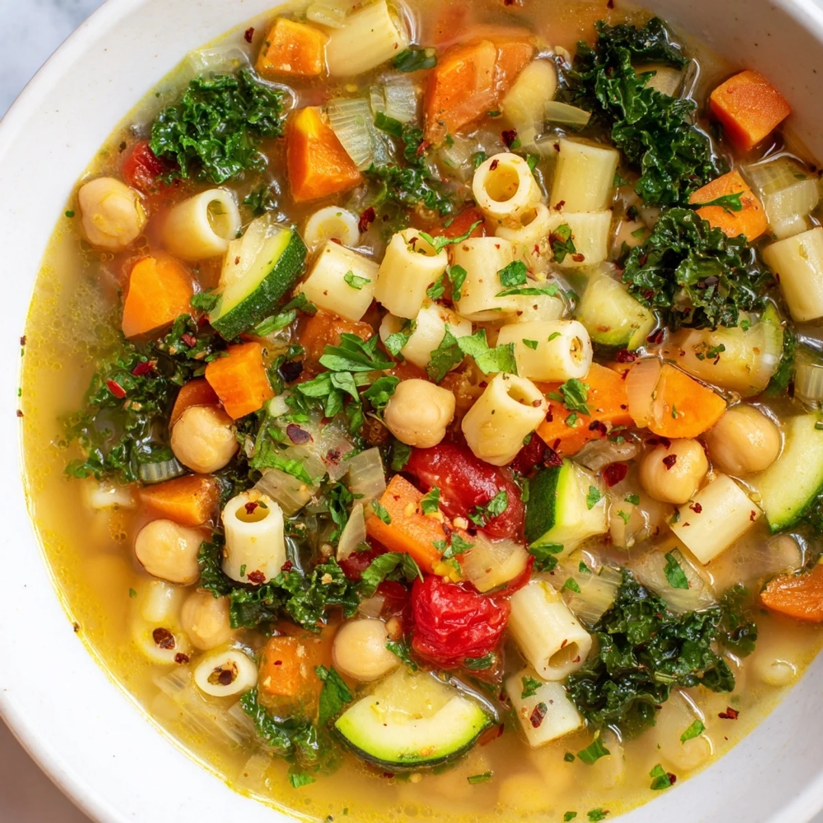 Golden broth filled with carrots, kale, and chickpeas in this Vegan Italian Penicillin Soup