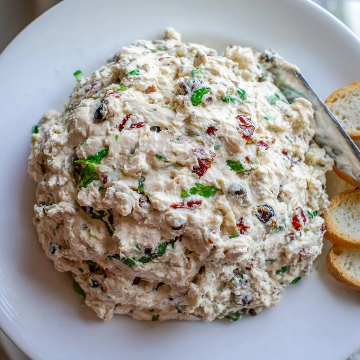 Creamy Italian Style Olive and Cheese Spread served with golden crostini on a rustic board
