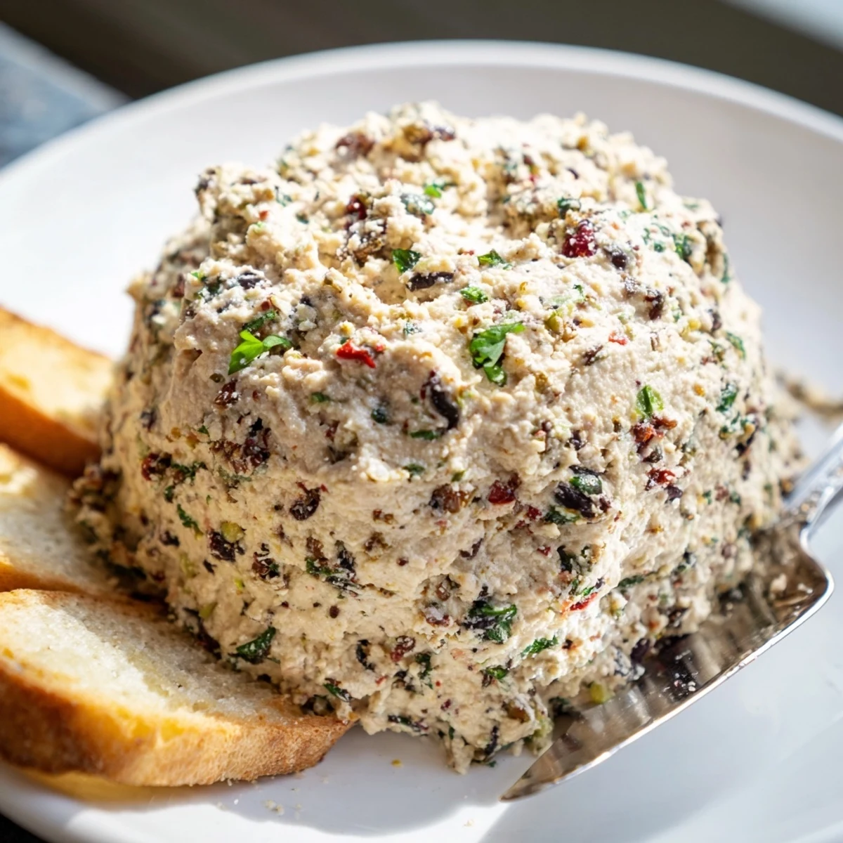 A scoop of Italian Style Olive and Cheese Spread garnished with fresh basil leaves
