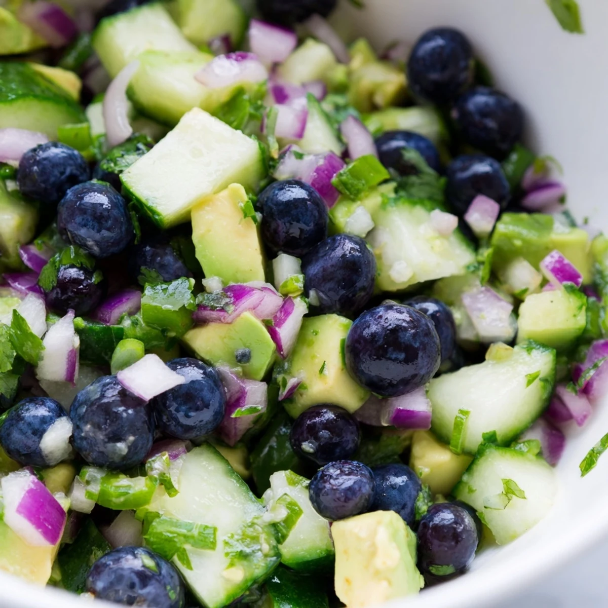 Bright blueberry cucumber salsa topped with cilantro and a squeeze of lime