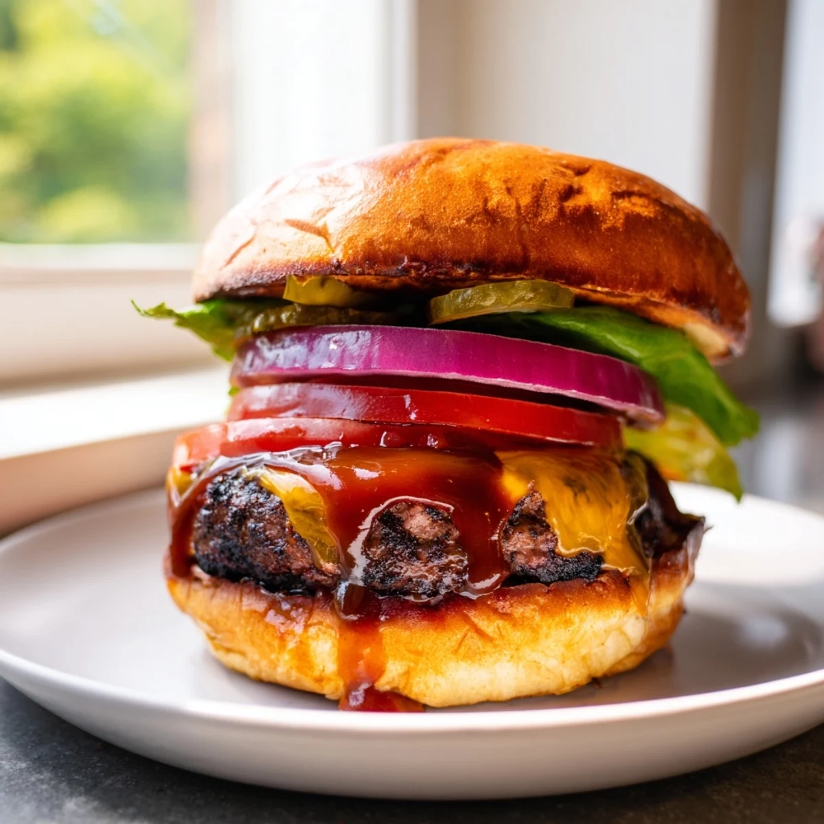 Coffee rub burgers topped with melted cheddar, crisp lettuce, and tangy pickles