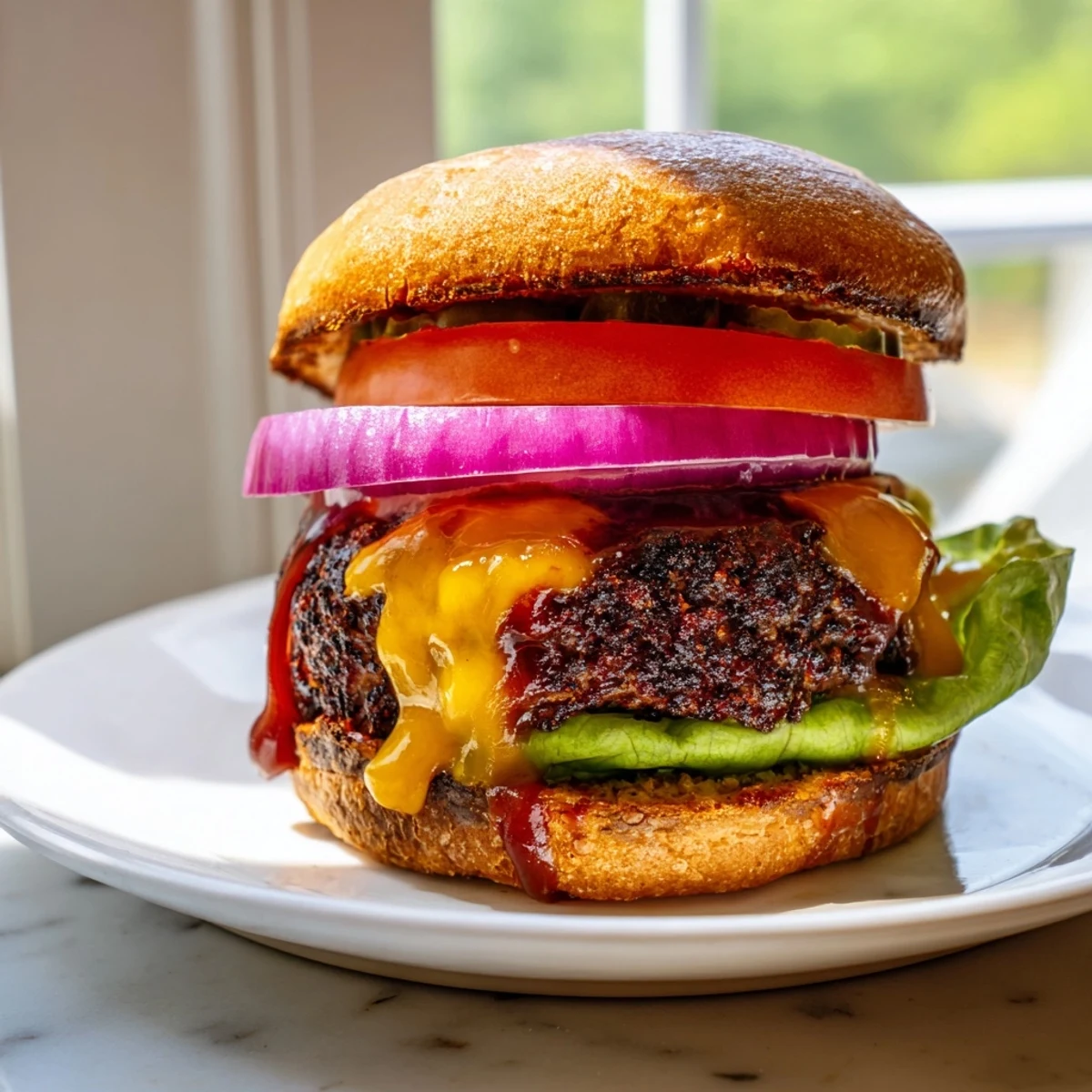 Juicy coffee rub burgers with smoky BBQ sauce on a toasted bun