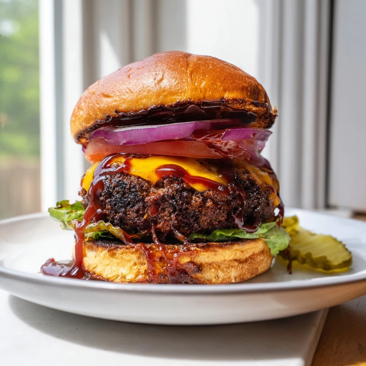 Grilled coffee rub burgers drizzled with rich smoky BBQ sauce and fresh toppings