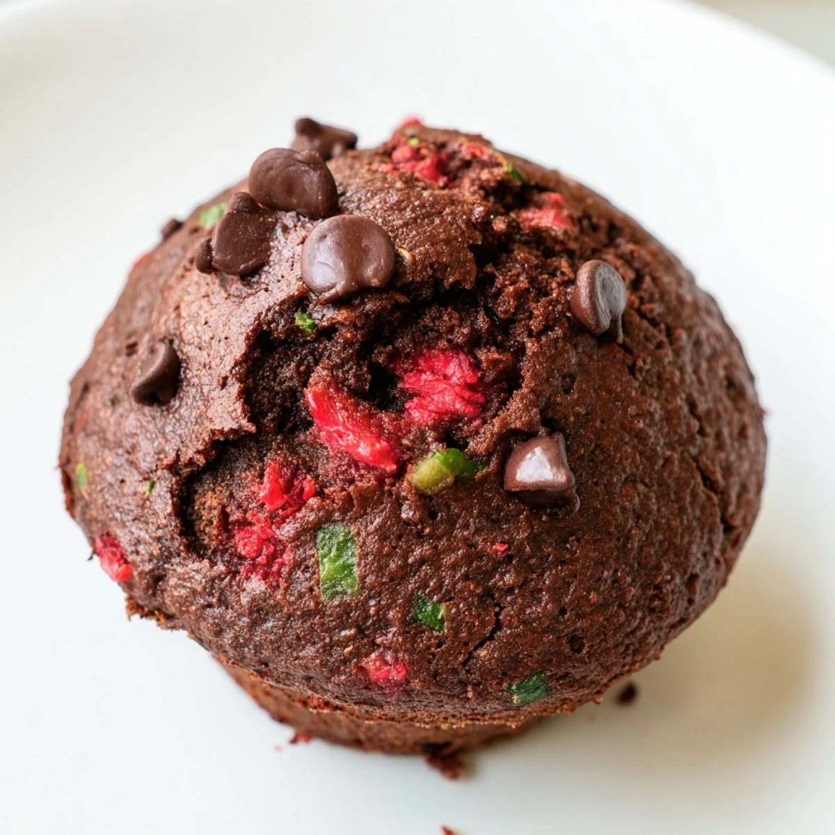 Warm chocolate zucchini strawberry muffins with melted chips on a rustic cooling rack