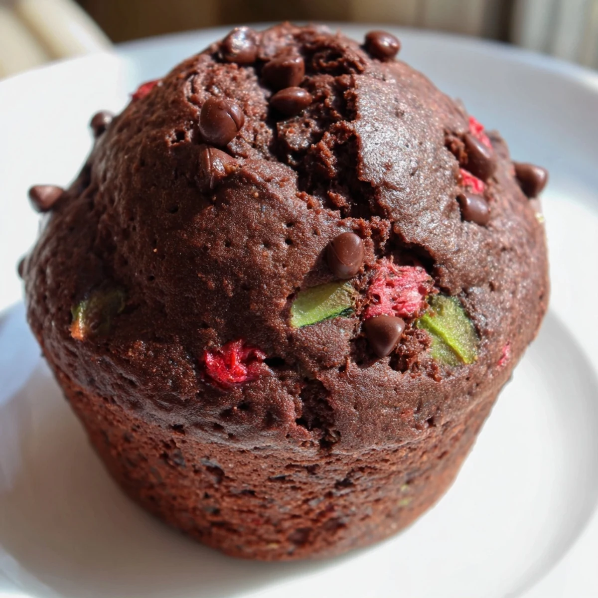 Double chocolate zucchini strawberry muffins with juicy berry pieces bursting from tender crowns