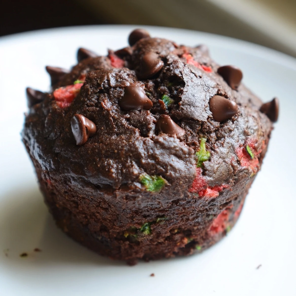 Fork splitting open a rich chocolate zucchini strawberry muffin revealing a moist crumb