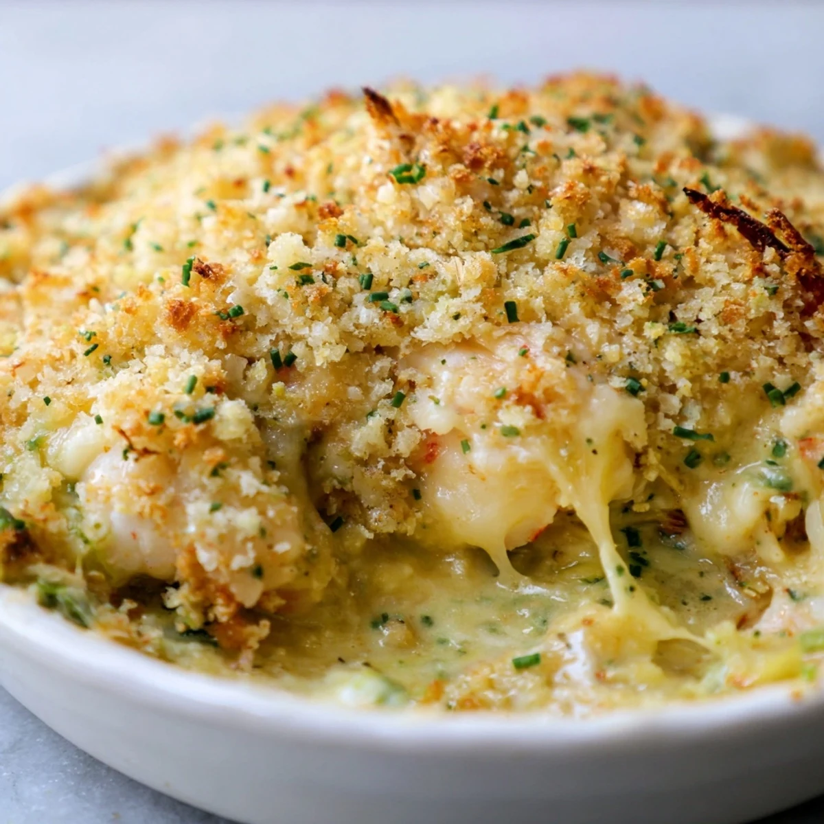 Golden bubbling Cheesy Jumbo Lump Crab Au Gratin served in a rustic baking dish with fresh chive garnish