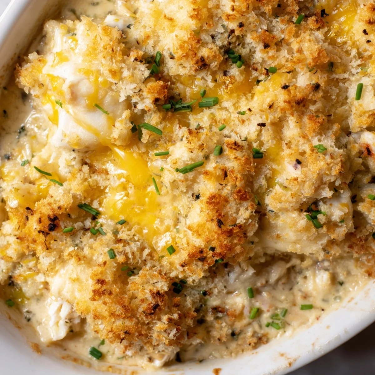 Creamy Cheesy Jumbo Lump Crab Au Gratin with a crispy panko Parmesan crust straight from the oven