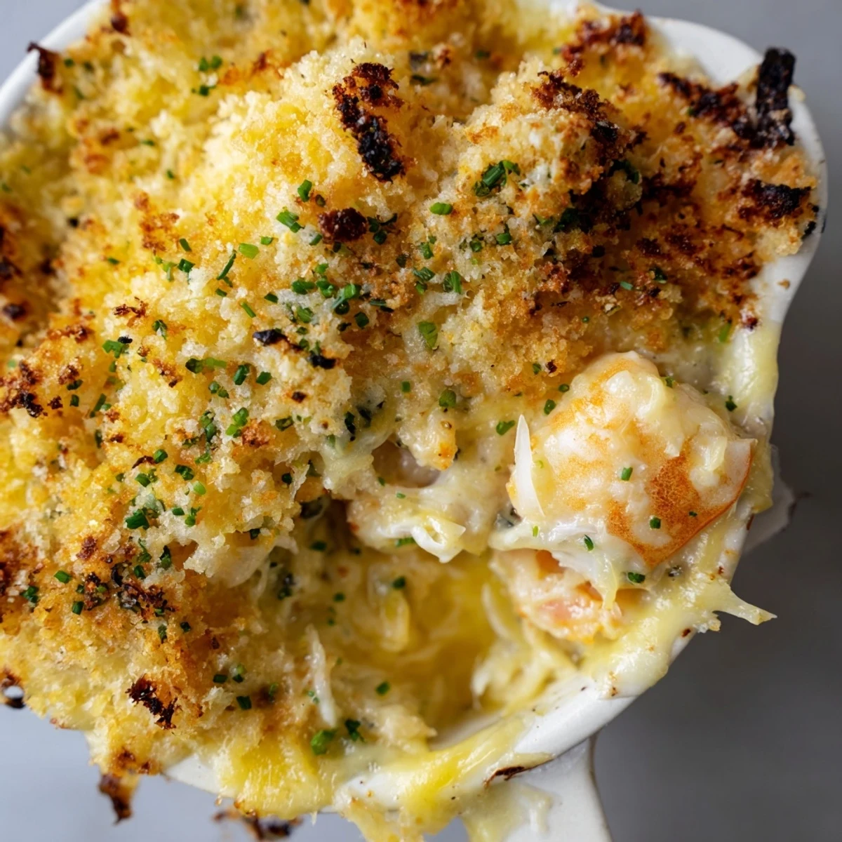 Spoonful of velvety Cheesy Jumbo Lump Crab Au Gratin pulled from a golden bubbling gratin top