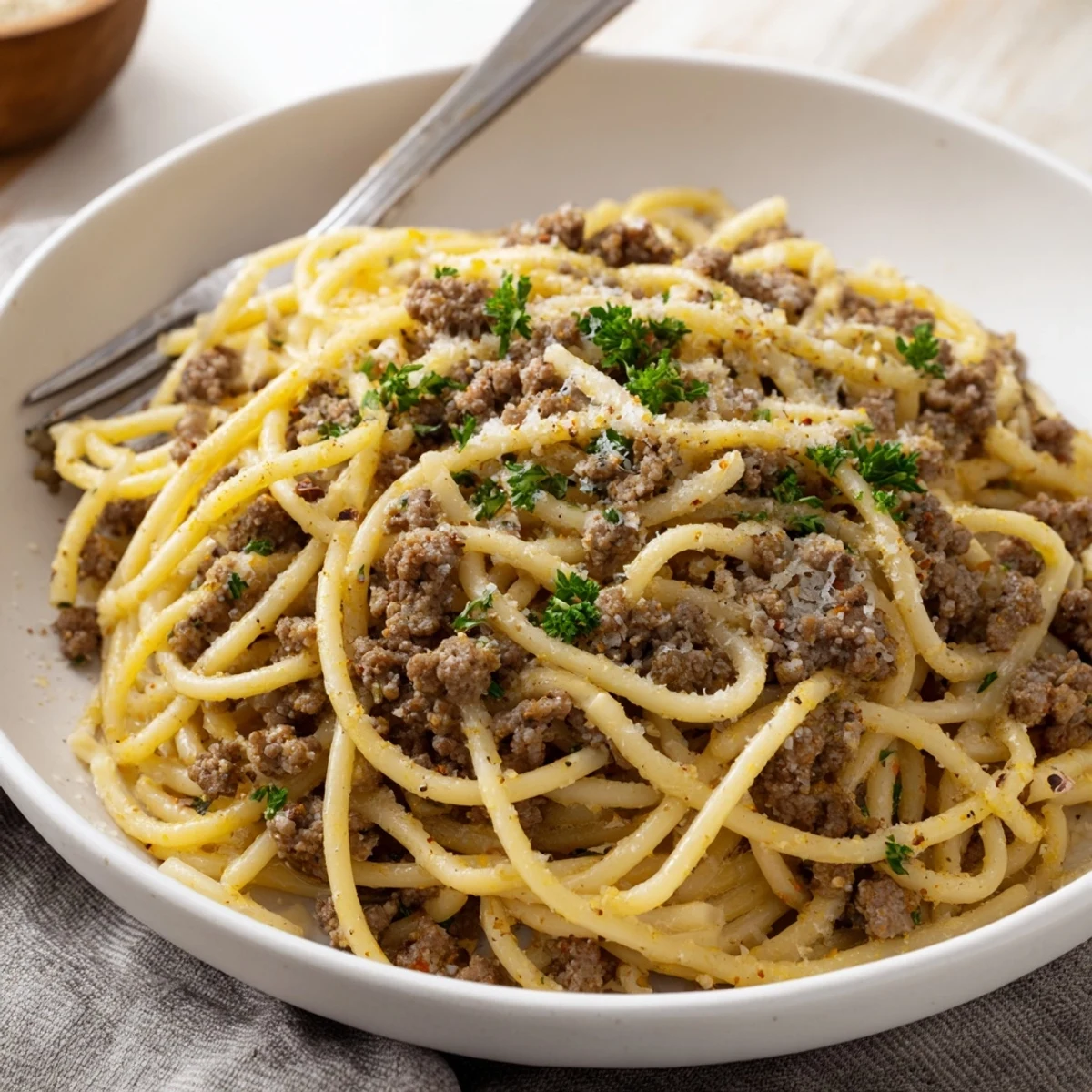 Garlic Butter Pasta with Ground Beef topped with freshly grated Parmesan and chopped parsley