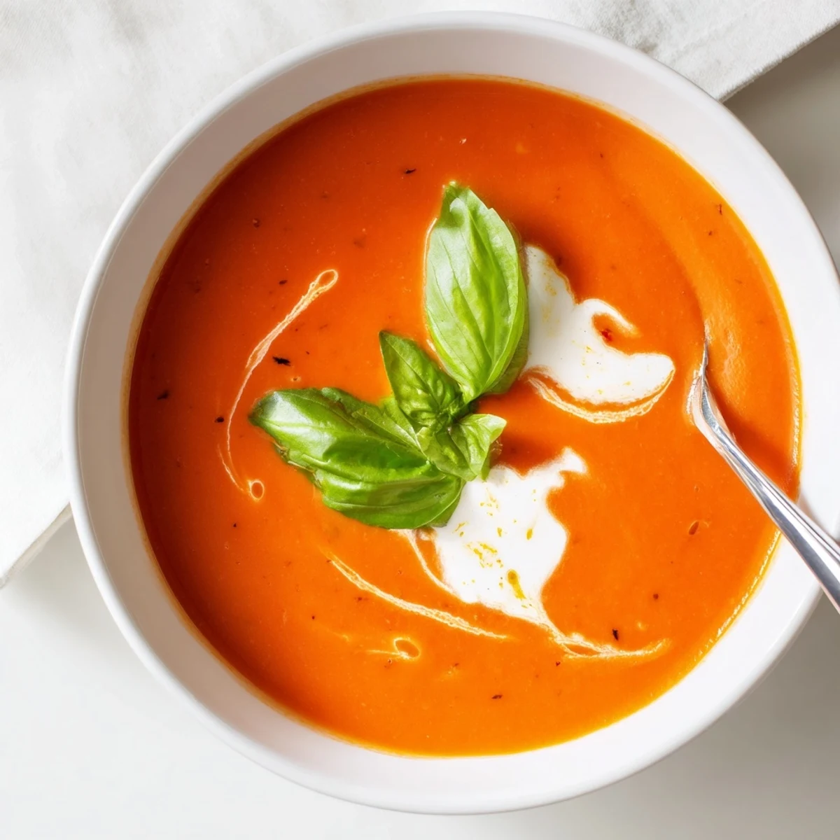 Creamy high protein tomato soup in a rustic bowl topped with fresh basil leaves
