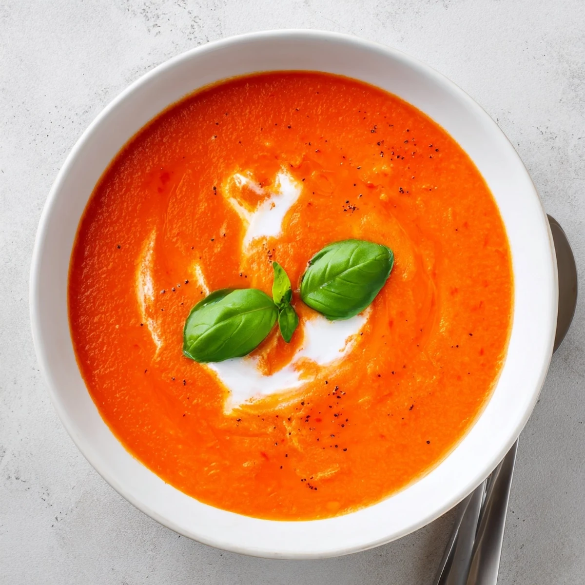 Velvety high protein tomato soup ladled into a mug with a yogurt swirl