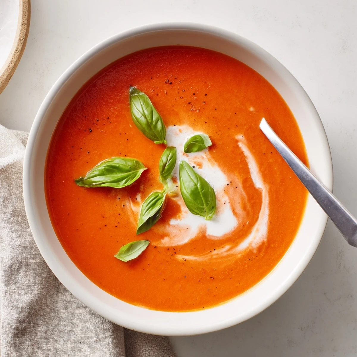 Steaming bowl of high protein tomato soup served alongside crusty whole grain bread