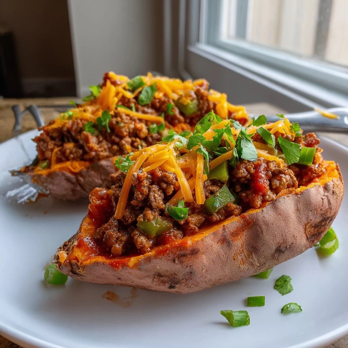Hearty Sloppy Joe filling spilling from a roasted sweet potato topped with melted cheddar cheese