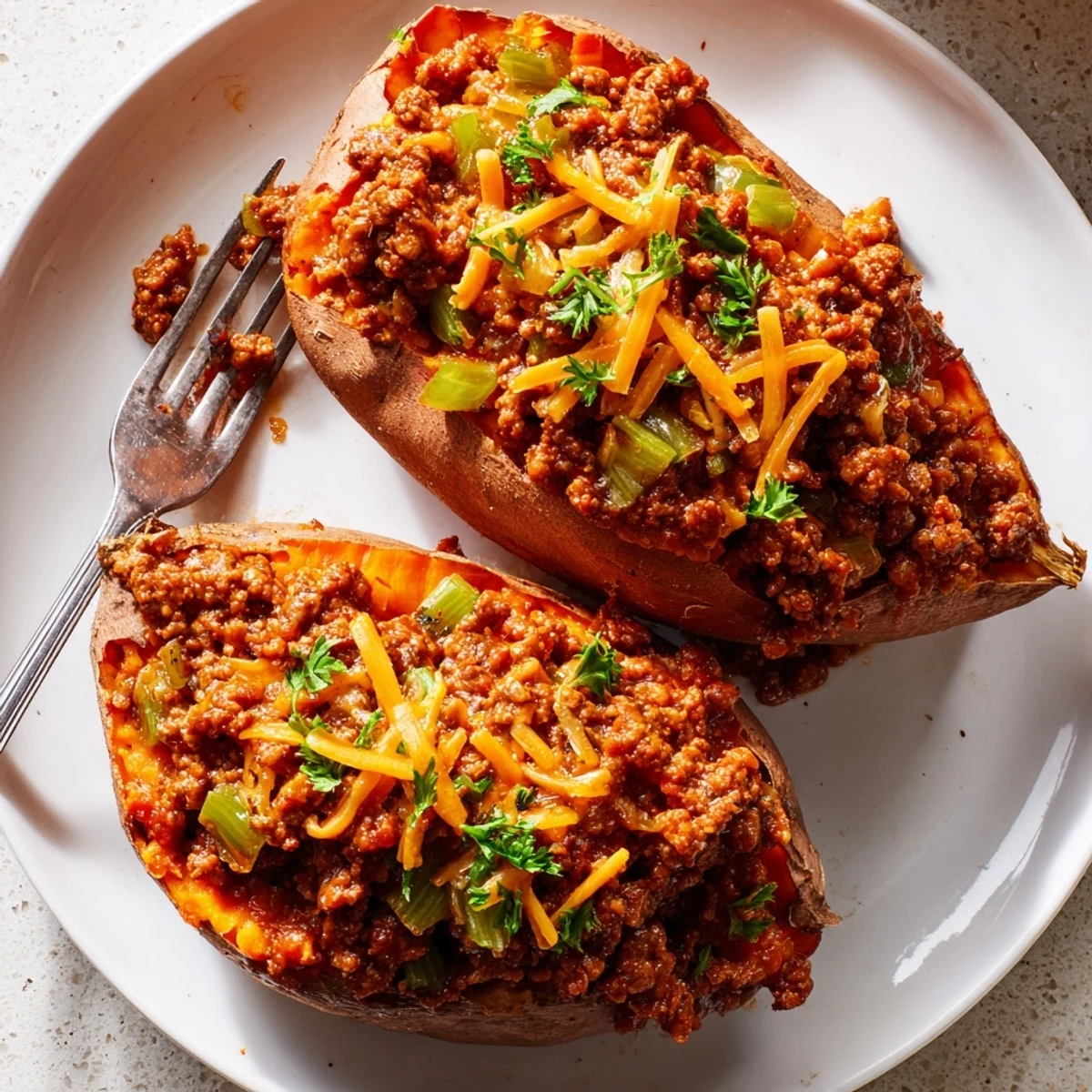 Savory Sloppy Joe Sweet Potatoes on a rustic plate with fresh parsley garnish