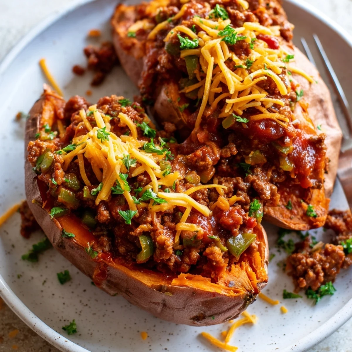 Tender baked sweet potatoes loaded with thick, smoky Sloppy Joe meat sauce and green onions