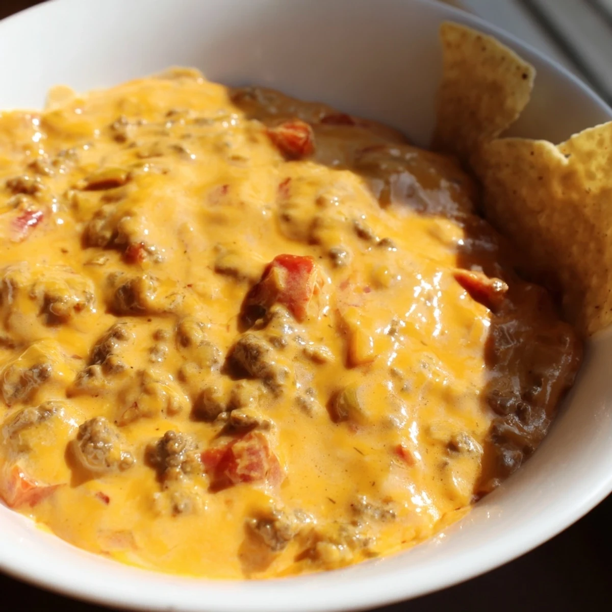 Warm Rotel Dip Recipe loaded with melted cheese and diced tomatoes in a bowl