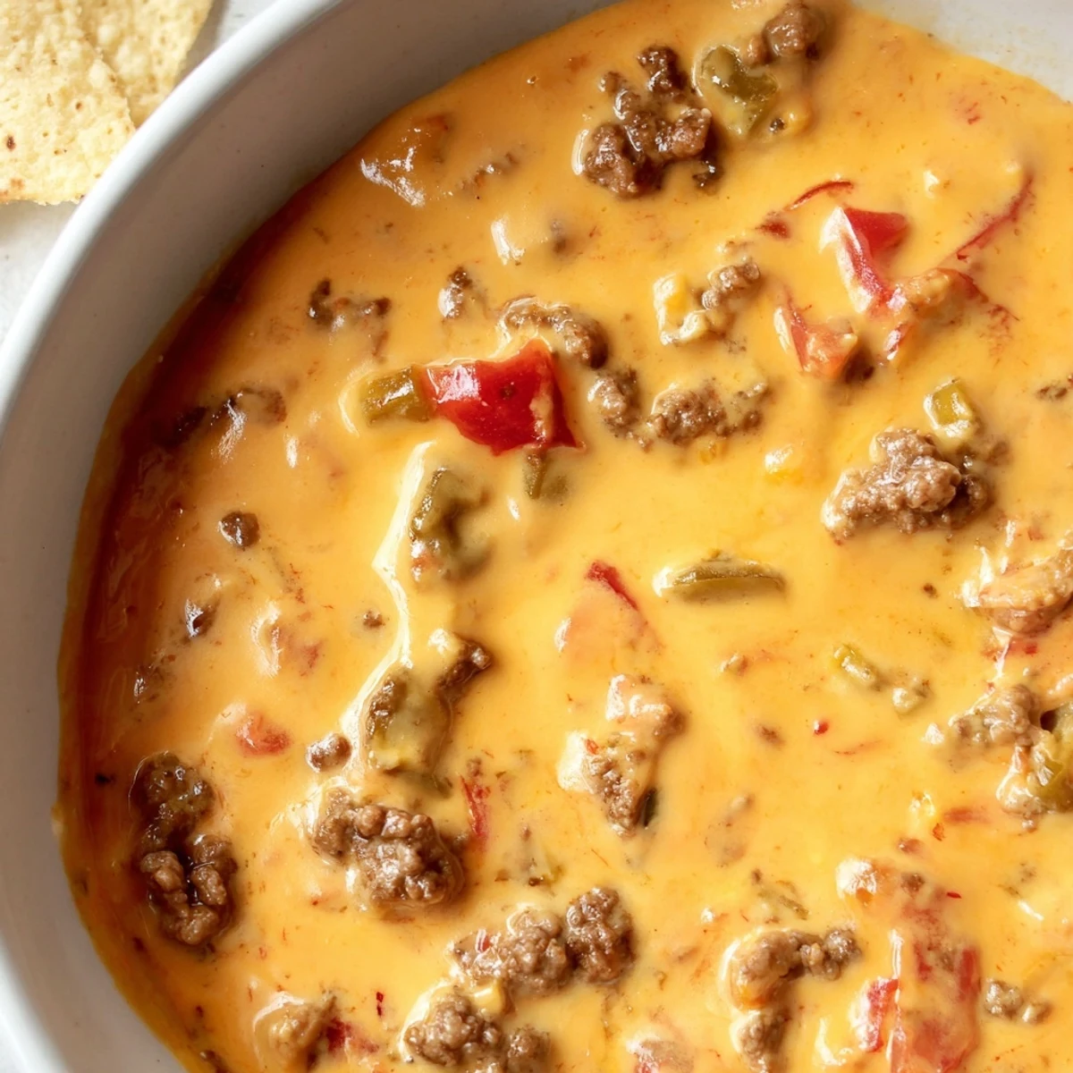 Creamy Rotel Dip Recipe topped with seasoned ground beef beside crispy tortilla chips