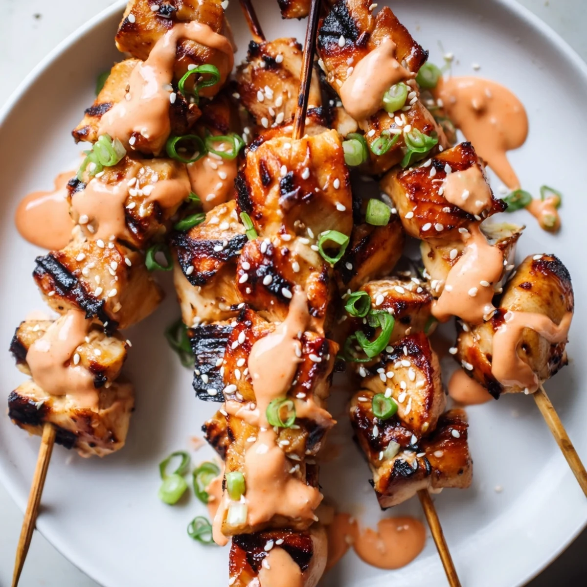 Juicy Bang Bang Chicken Skewers grilled golden with spicy creamy sauce drizzled on top