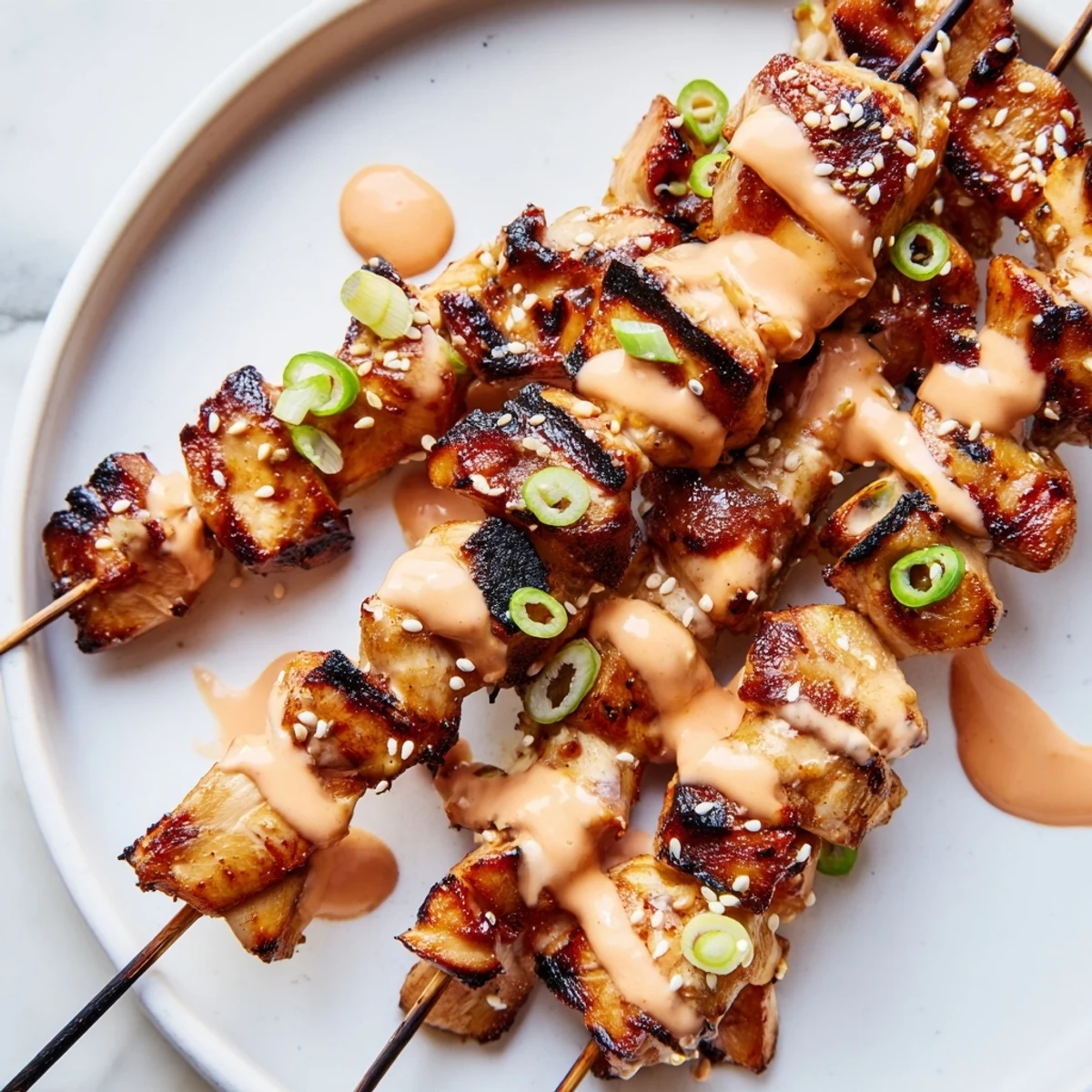 Crispy charred Bang Bang Chicken Skewers on a platter topped with sesame seeds and scallions