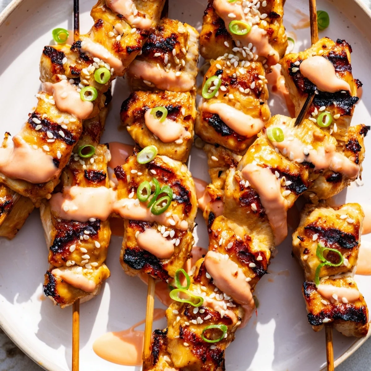 Tender Bang Bang Chicken Skewers coated in sweet chili Sriracha sauce served hot off the grill