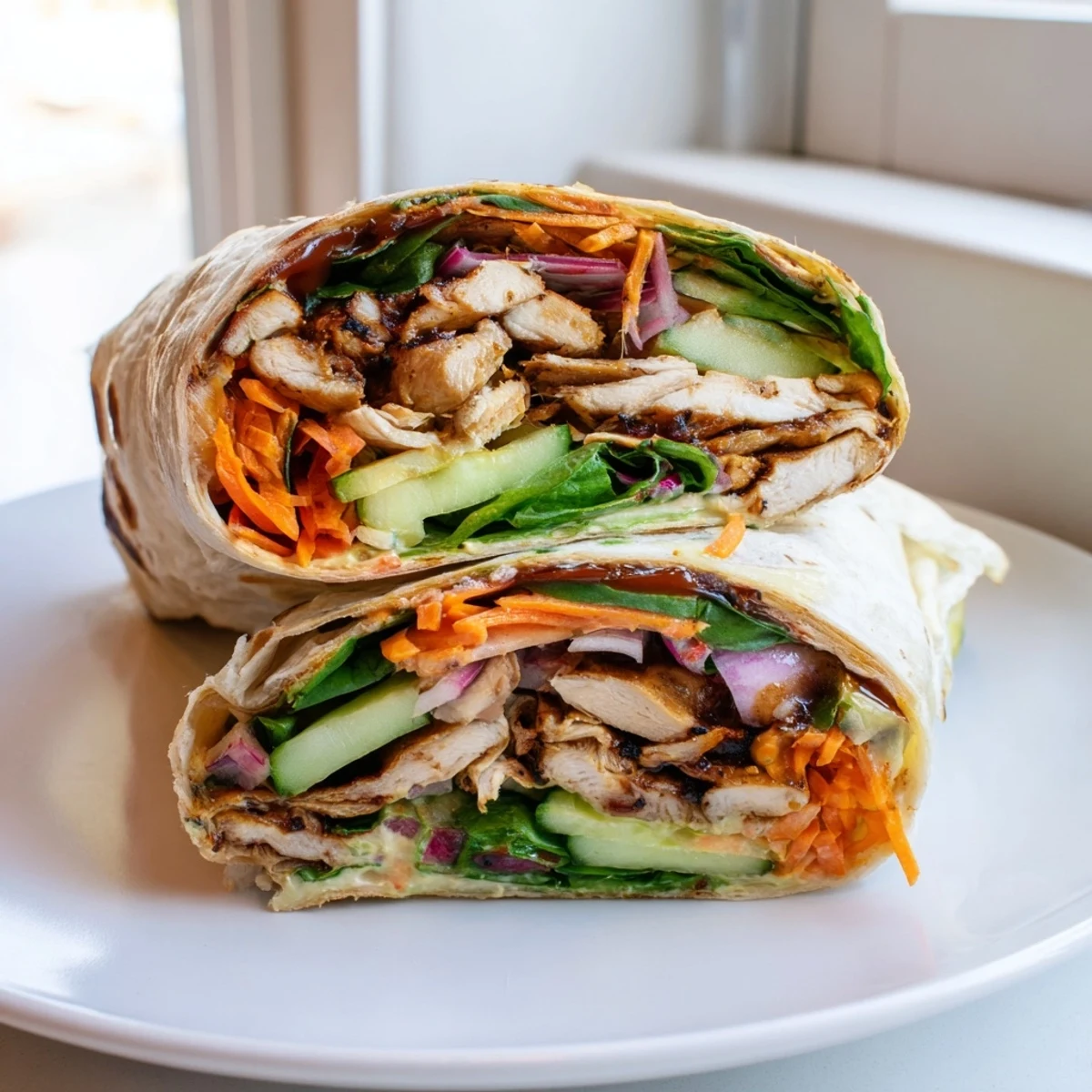 Vegemite charred chicken wrap filled with crisp veggies and creamy sauce on a tortilla