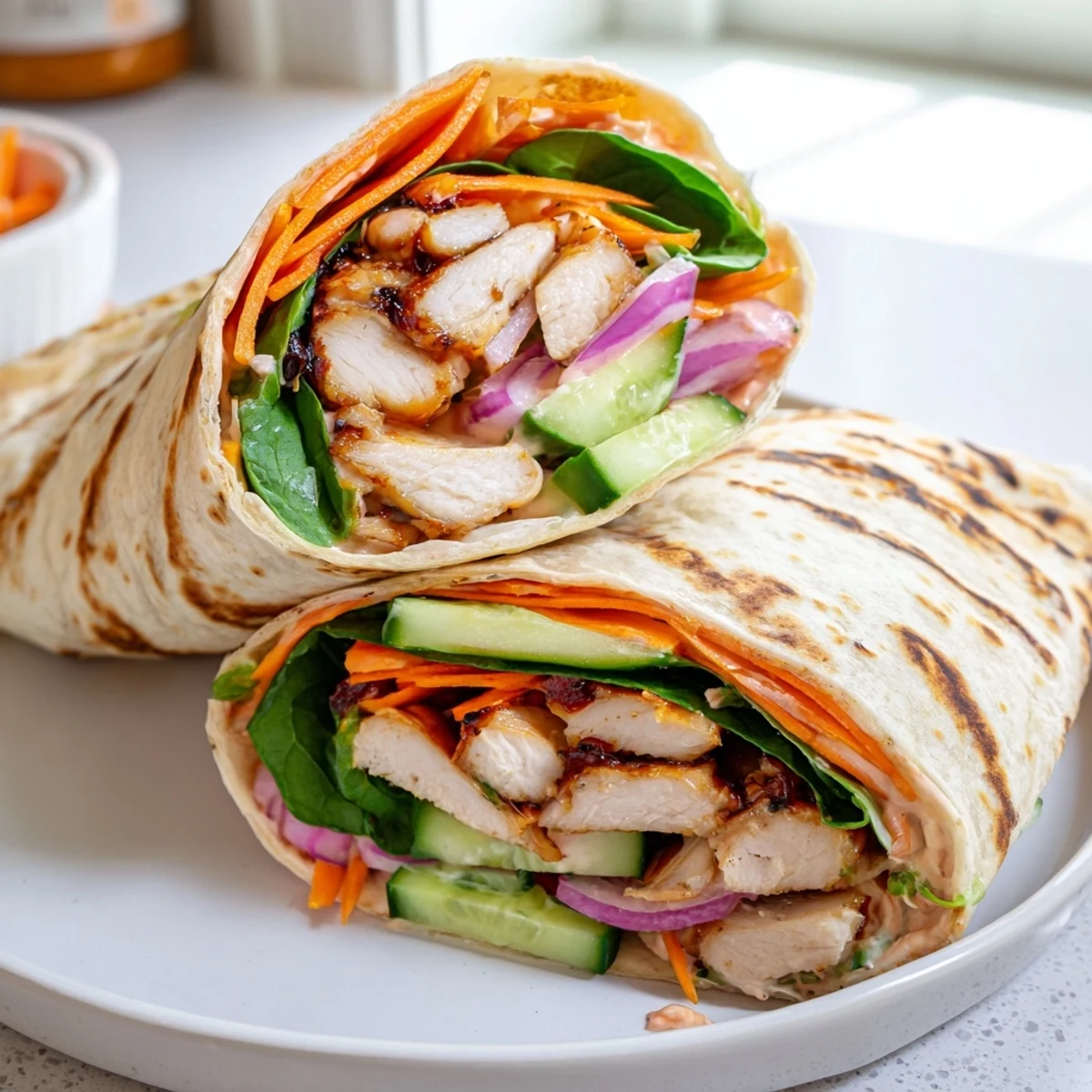 Smoky Vegemite charred chicken wrap sliced in half revealing colorful fresh vegetables inside