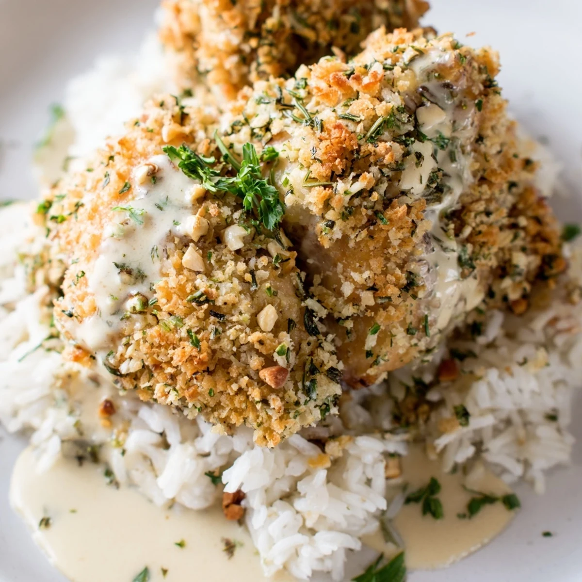 Golden herb crusted chicken thighs nestled in creamy garlic sauce over rice