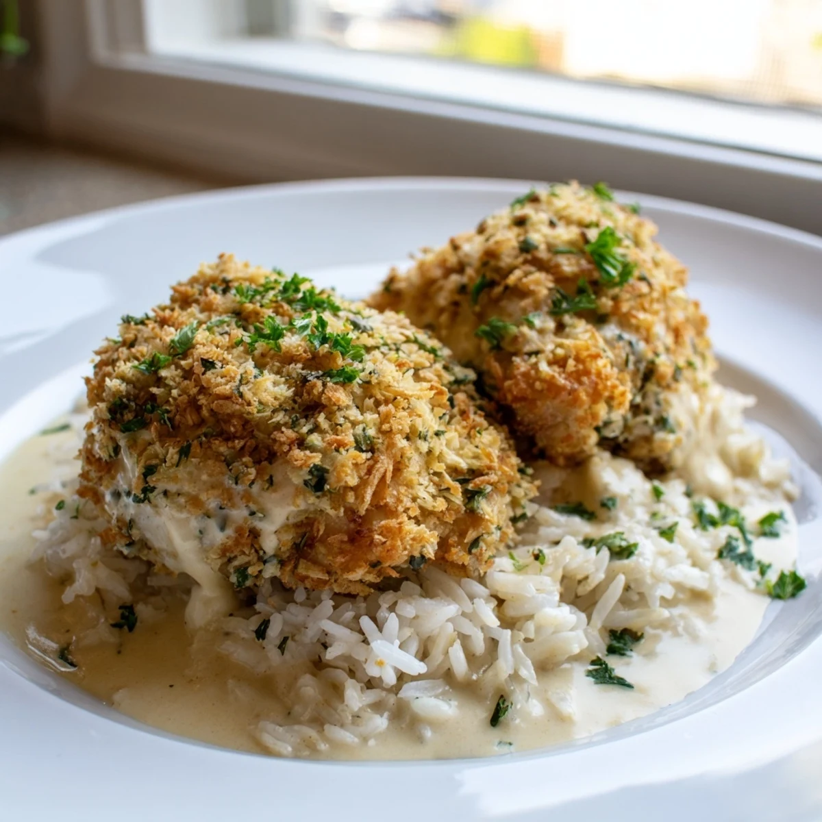 Herb crusted chicken thighs with golden Parmesan breading swimming in garlic sauce
