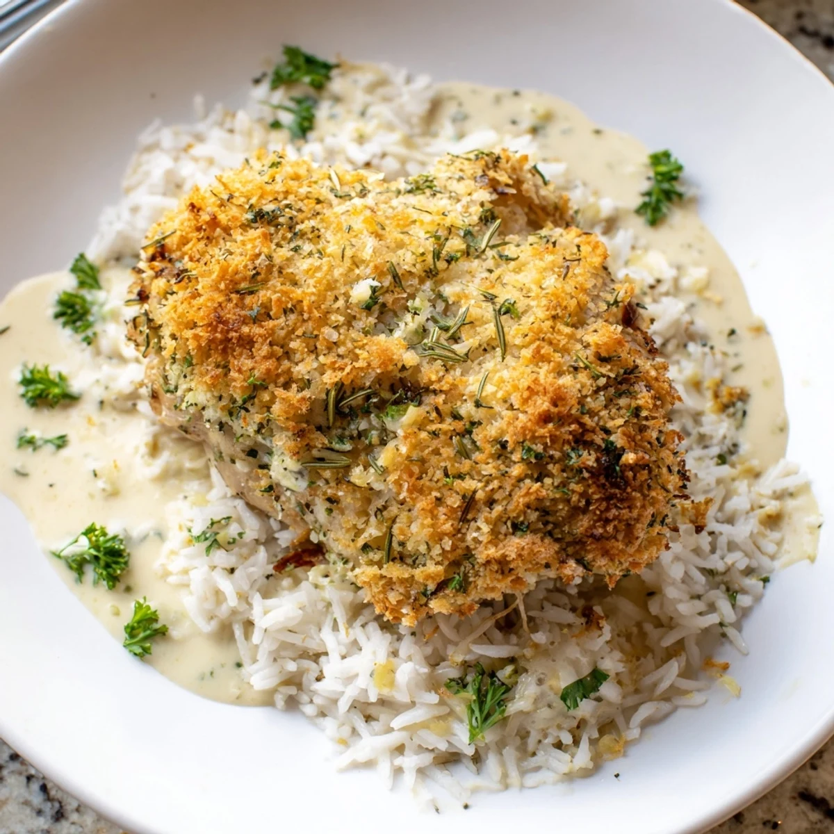 Crispy herb crusted chicken thighs drizzled with rich creamy garlic sauce