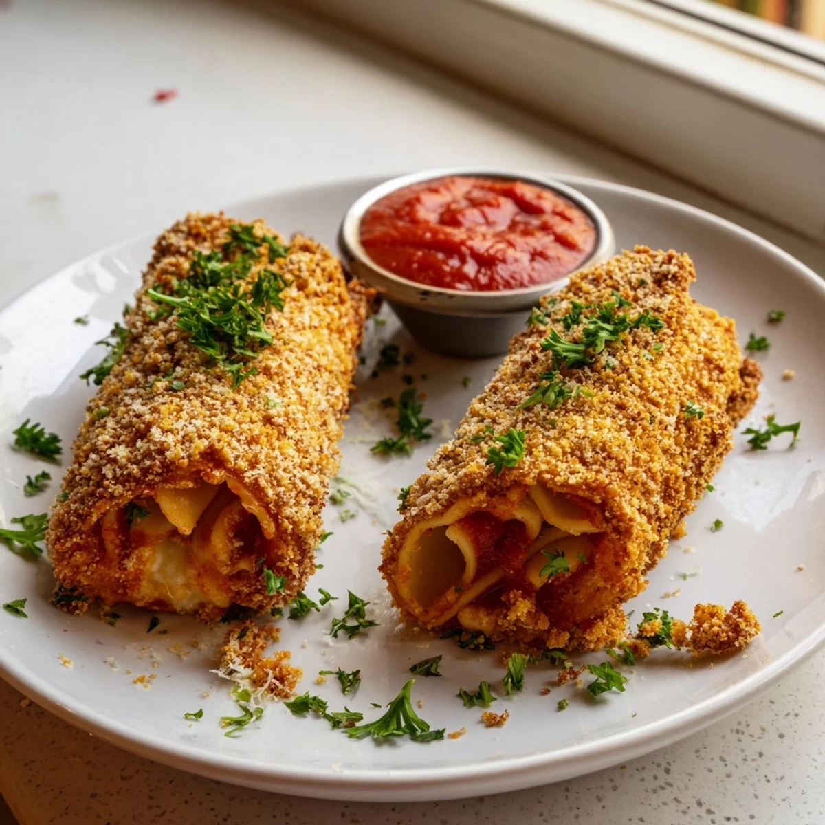 Crispy air fryer lasagna fritta with golden breading served alongside warm marinara sauce